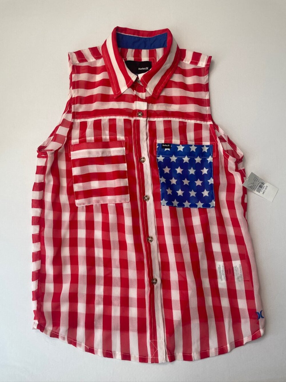 NWT Hurley Women's Medium Patriotic Red White Blue Plaid Sleeveless Top RWB tank - Picture 3 of 9
